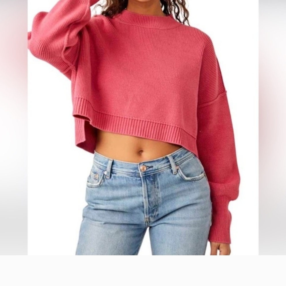 Free People Cropped Ribbed Sweater in Rose Pink S Very Oversized